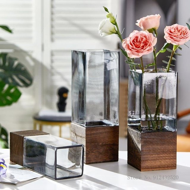 Square Transparent Glass Vases, Wooden Base Glass Vase, Base Table Vase